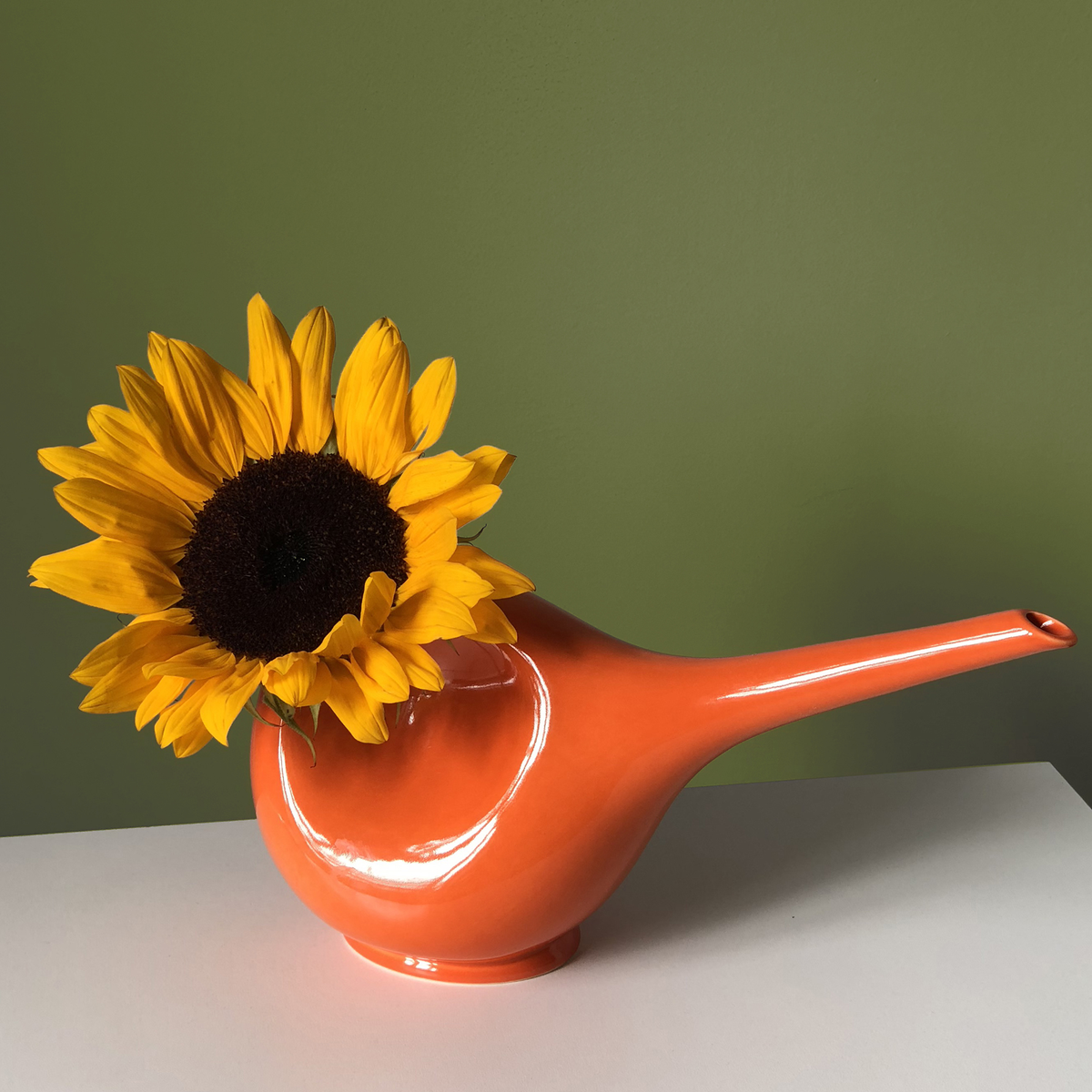 Orange Gießkanne mit einer Sonnenblume